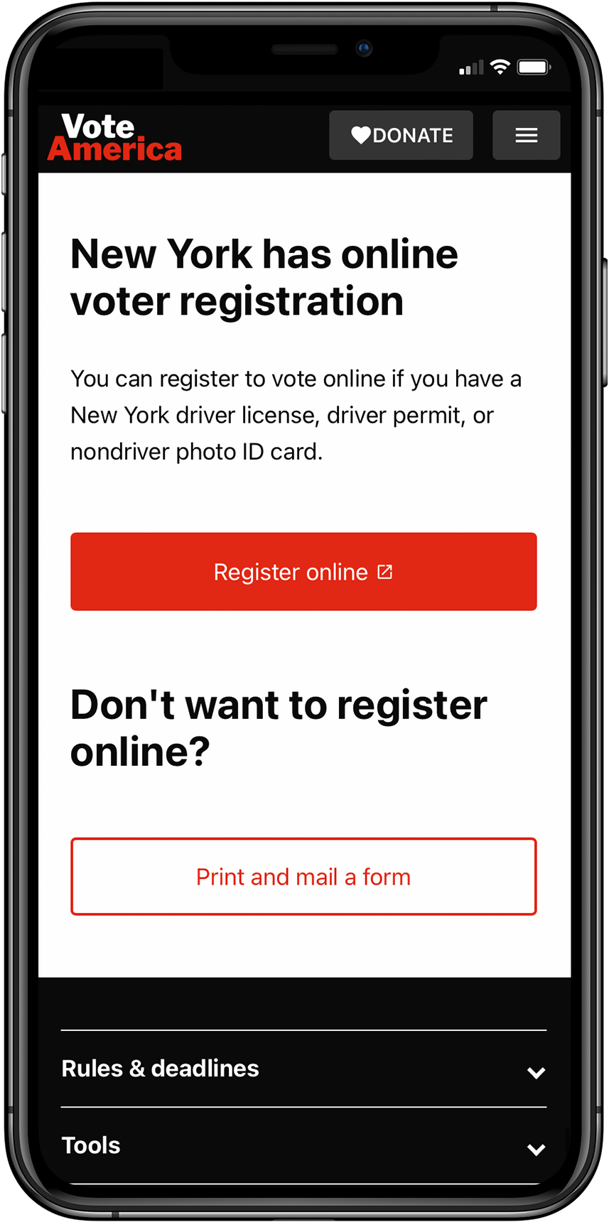 Phone displaying a prompt asking the user how they want to register to vote